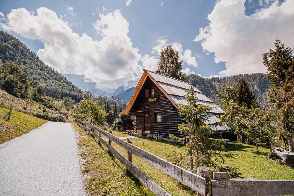 a log cabin in the mountains next to a road at Cottage Hidden Pearl in Zgornje Jezersko