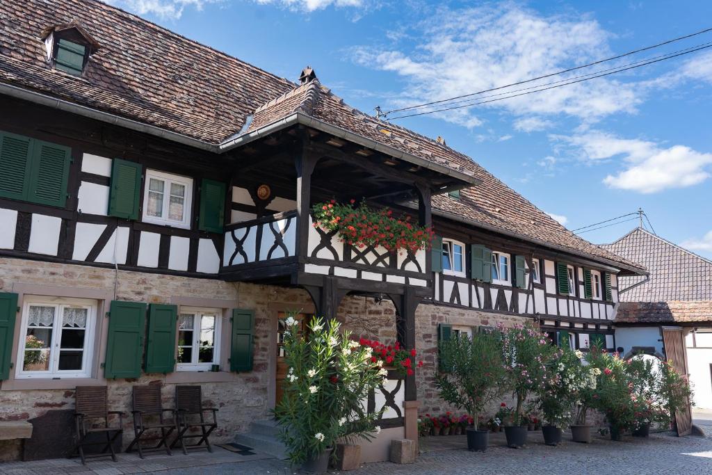 - un vieux bâtiment avec des volets verts et des fleurs dans l'établissement Chambres d'hôtes de charme à la ferme Freysz, à Quatzenheim