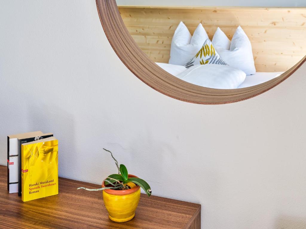 ein Spiegel an einer Wand mit einer Pflanze auf einem Regal in der Unterkunft Apartments & Zimmer - Zugspitze in Leutasch