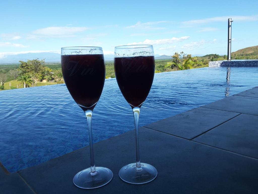 two glasses of wine sitting on a table next to a pool at Finca Colibri in Boca Chica