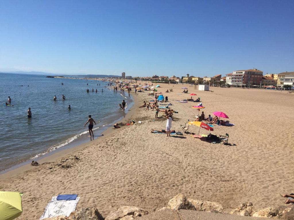 a group of people on a beach in the water at STUDIO VUE PORT ET MER in Valras-Plage