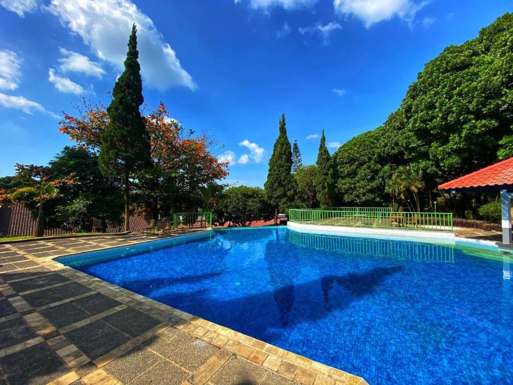 une piscine d'eau bleue et d'arbres dans l'établissement Whiz Capsule Hotel Grand Bromo, à Bromo