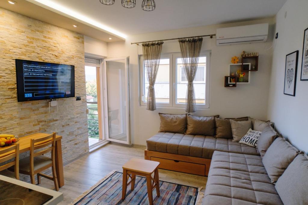 a living room with a couch and a tv at Apartman Ristić in Vrnjačka Banja