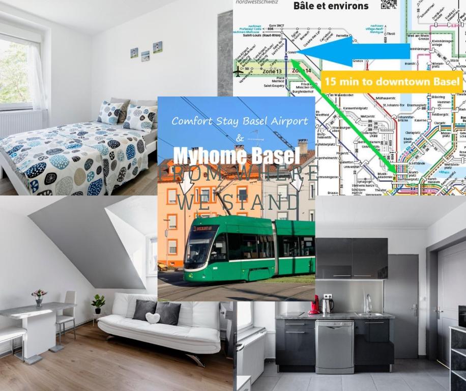 a collage of photos of a bedroom and a train at MyHome Basel 1B44 in Saint-Louis