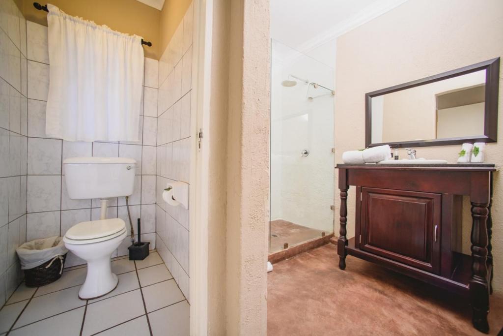 a bathroom with a toilet and a sink and a mirror at Stille Woning in White River