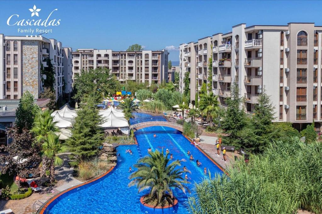 an aerial view of a water park in a city at Cascadas Family Resort in Sunny Beach