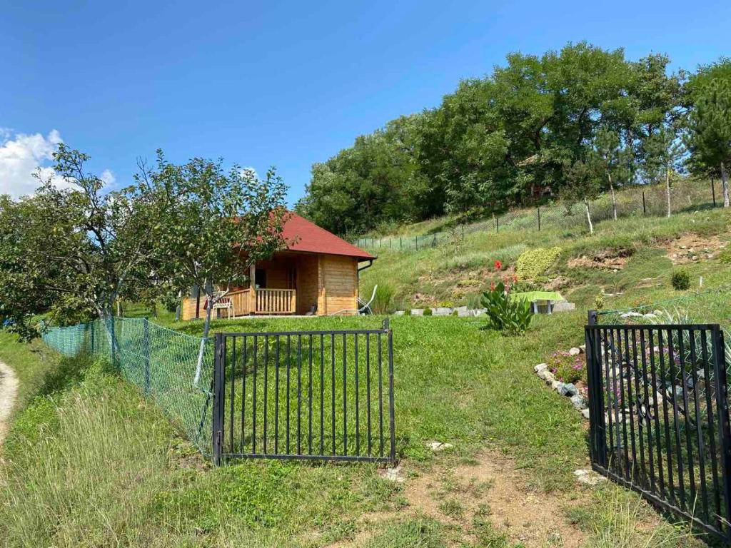 una pequeña casa en una colina con una valla en Etno kuća Mladenović en Raška