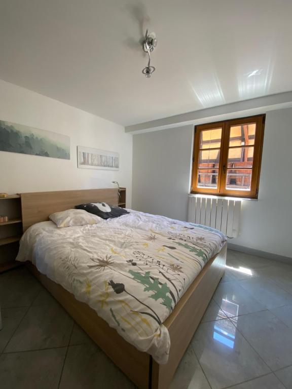 ein Schlafzimmer mit einem Bett in einem Zimmer mit einem Fenster in der Unterkunft Guesthouse Les 3 Chateaux in Eguisheim