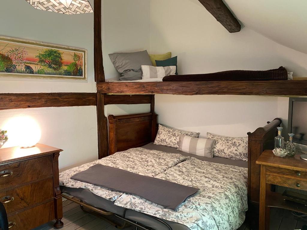 a bedroom with a bunk bed and a desk at Romantisches Gästezimmer - Zentralgelegen in Wehrheim