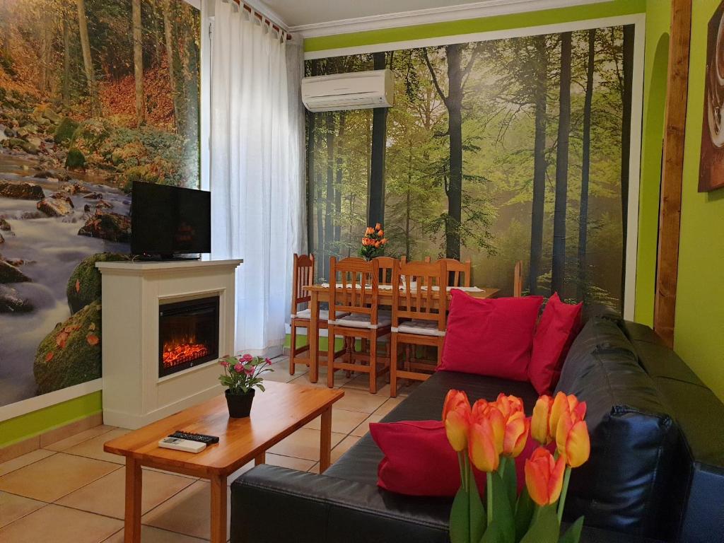 salon z kanapą i kominkiem w obiekcie Apartamentos Dana Madrid w Madrycie