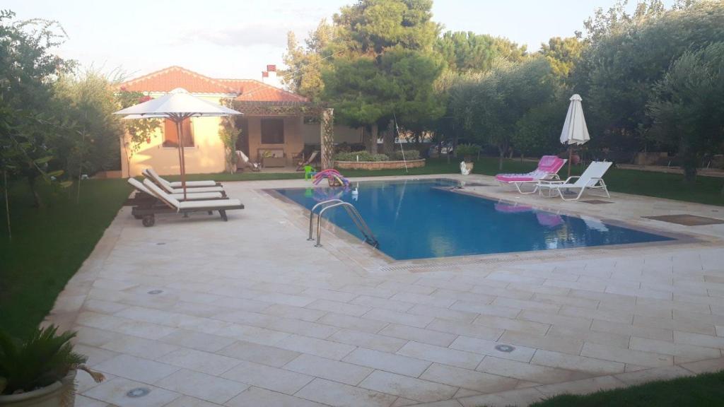 a swimming pool with two chairs and an umbrella at MEDITERRANEAN GARDEN VILLA in Vathí