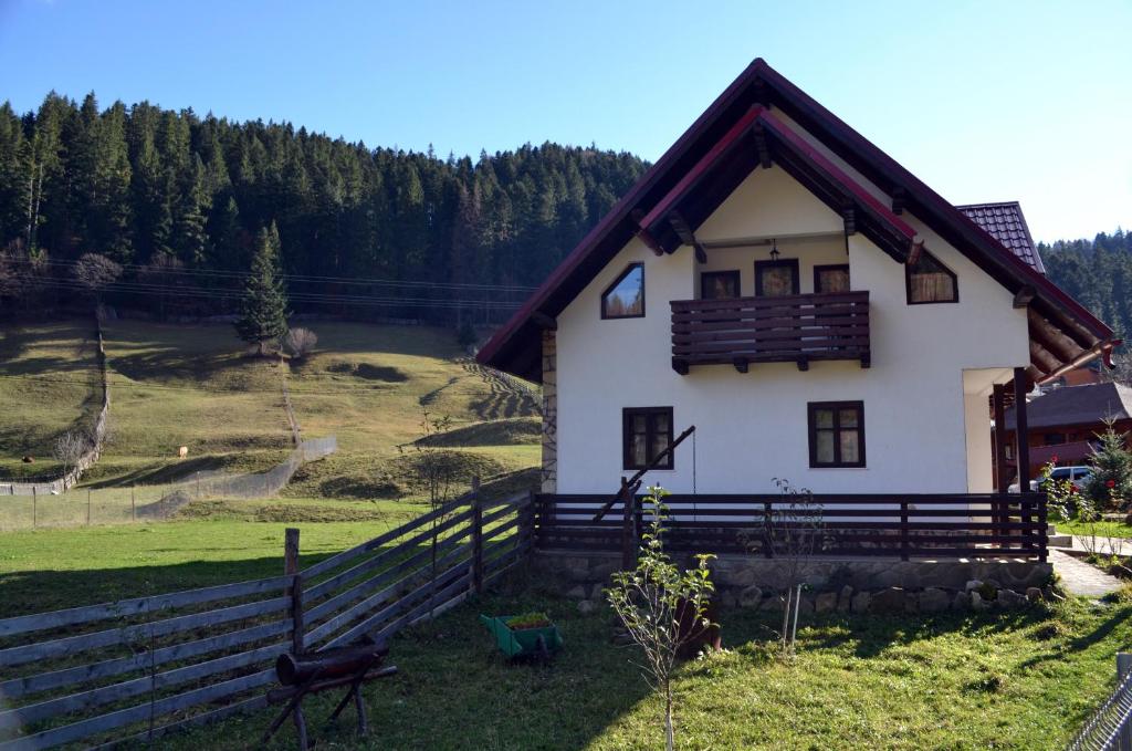 a small white house with a wooden roof at Pensiunea Daria Putna in Putna