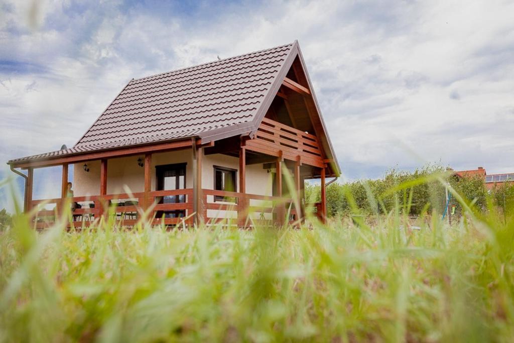 a house with a brown roof in a field of grass at Mazurskie Zakątki in Kątno