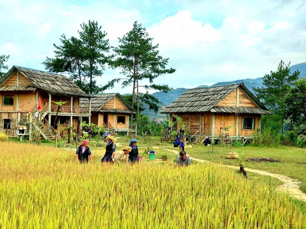 eine Gruppe von Menschen, die auf einem Feld vor Häusern stehen in der Unterkunft Lapantan Paradise in Lao San Chay