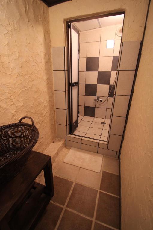 a bathroom with a walk in shower and a sink at Taketomijima Guesthouse and je Taime in Taketomi