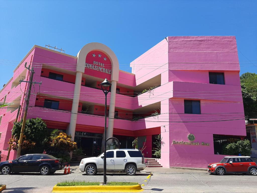 een roze gebouw met auto's geparkeerd voor het bij Hotel Tamazunchale in Tamazunchale