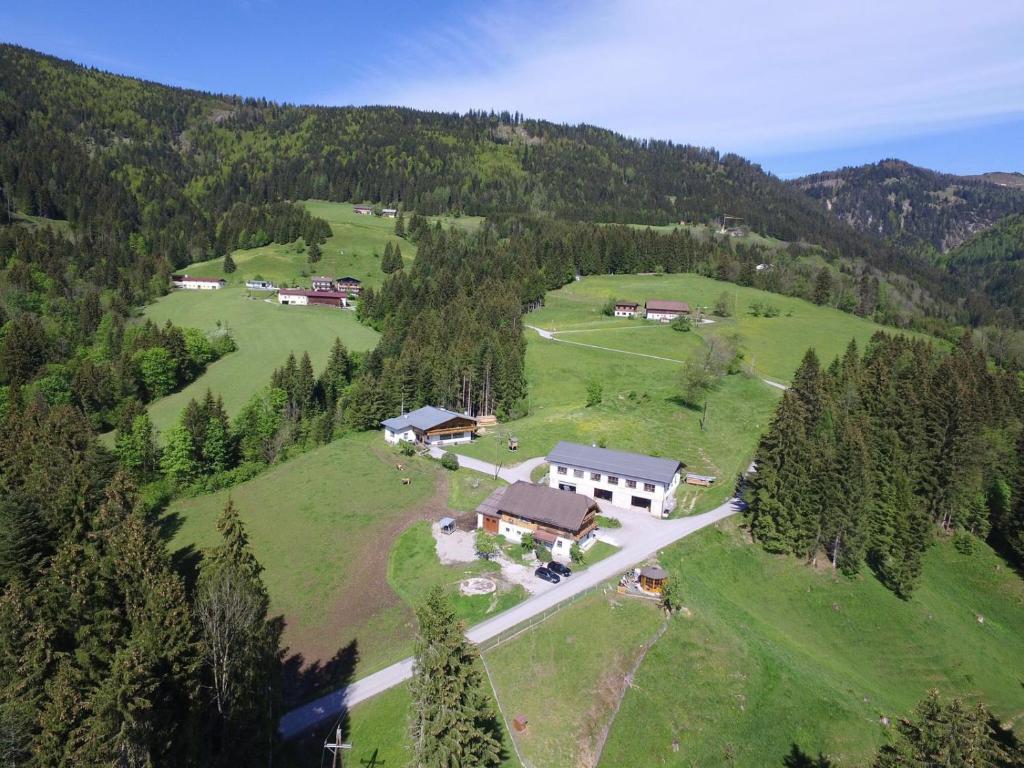 an aerial view of a house on a hill at Haus Unterdieterer in Annaberg im Lammertal