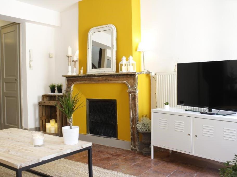 sala de estar con TV y chimenea en Le relais de la maison Bacou, en Carcassonne