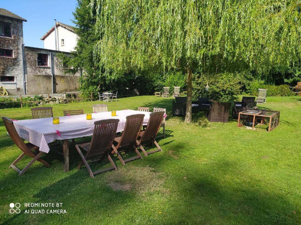 einen Tisch und Stühle in einem Garten mit einem Baum in der Unterkunft Chambres d'hotes du Port Gautier in Vouvray-sur-Loir