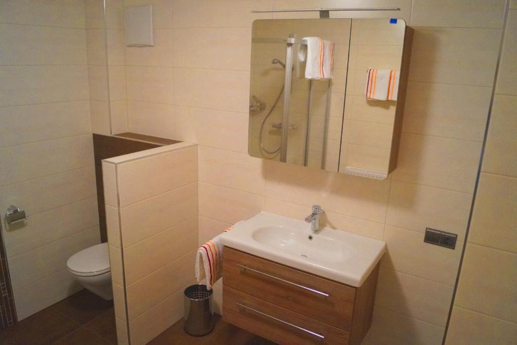 łazienka z umywalką, prysznicem i toaletą w obiekcie Ferienwohnung Sonnwendhof "Kellerjochblick" w mieście Schwaz