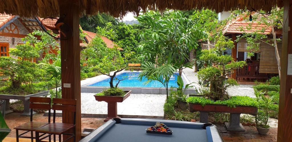 una mesa de billar en una habitación con piscina en Tam Coc Melody Homestay, en Ninh Binh