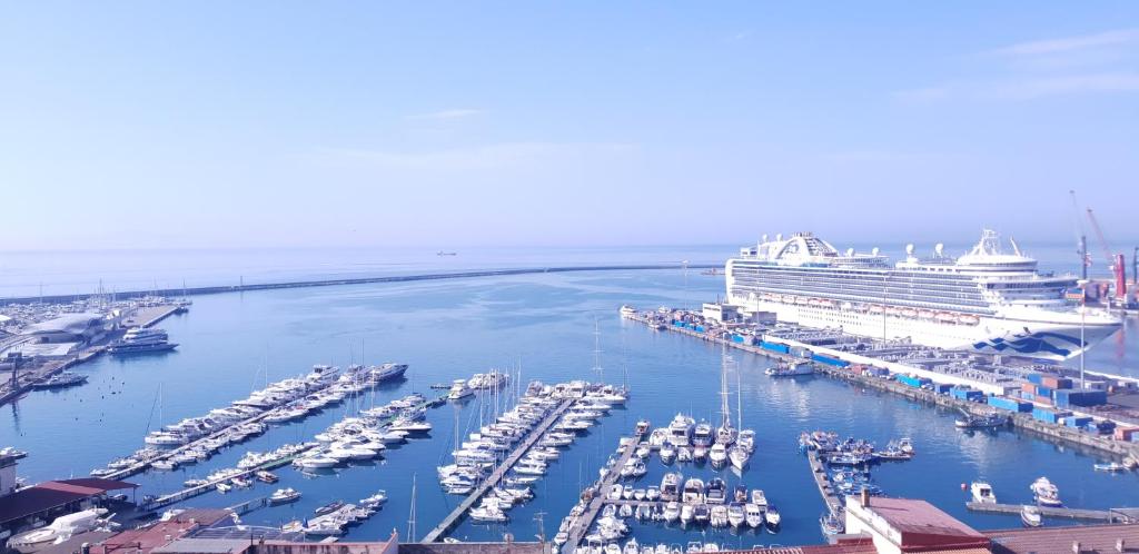 a large cruise ship docked at a marina with boats at Casa sul mare in Salerno
