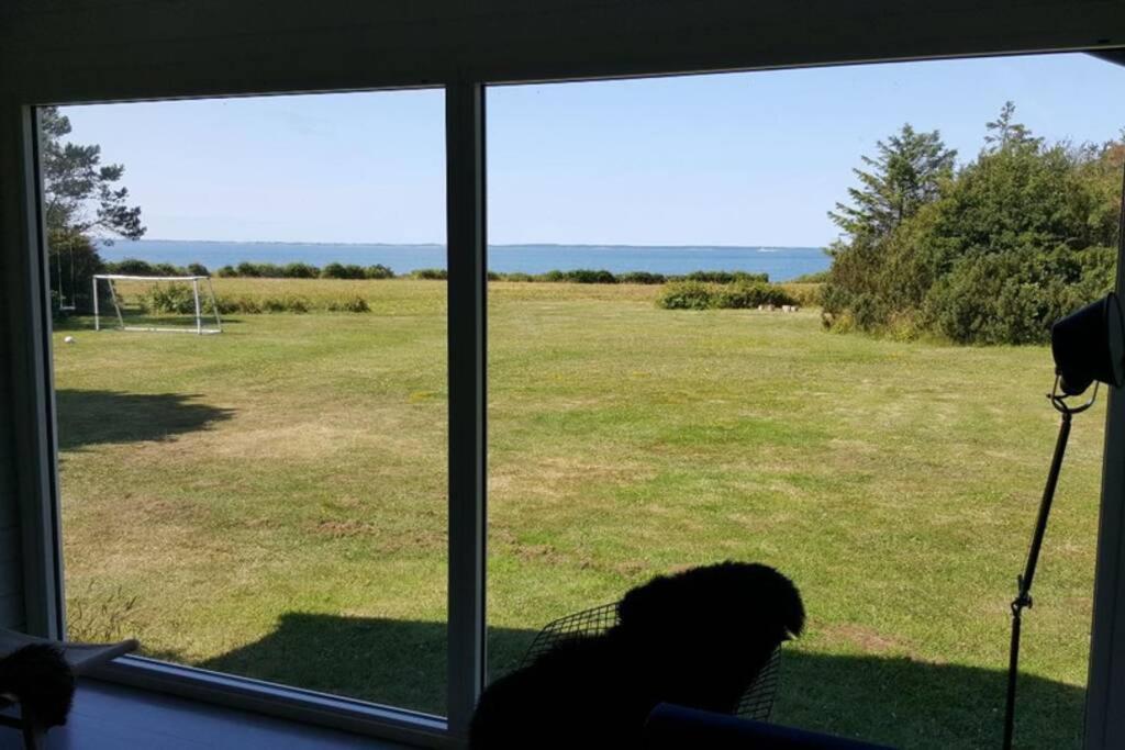 une personne assise dans une chaise et regardant par une fenêtre un champ dans l'établissement Panoramic seaview from cottage, à Omø By