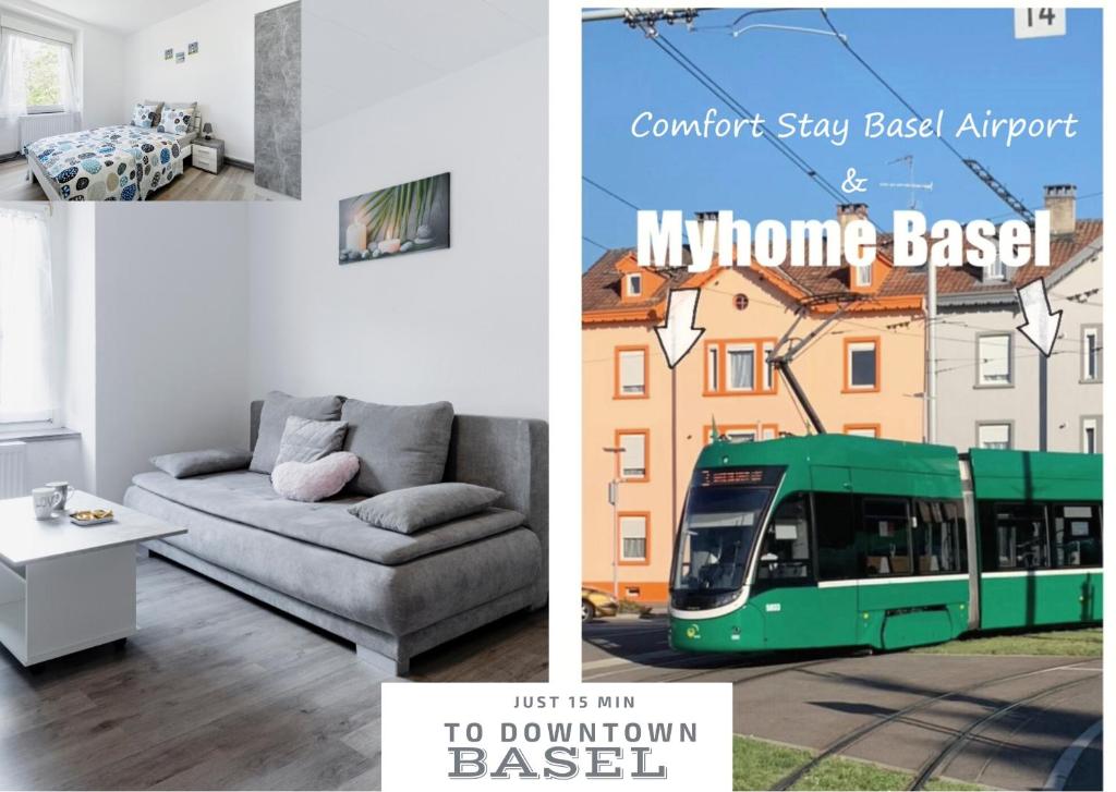 duas fotografias de uma sala de estar com um sofá e um comboio em MyHome Basel 1A44 em Saint-Louis