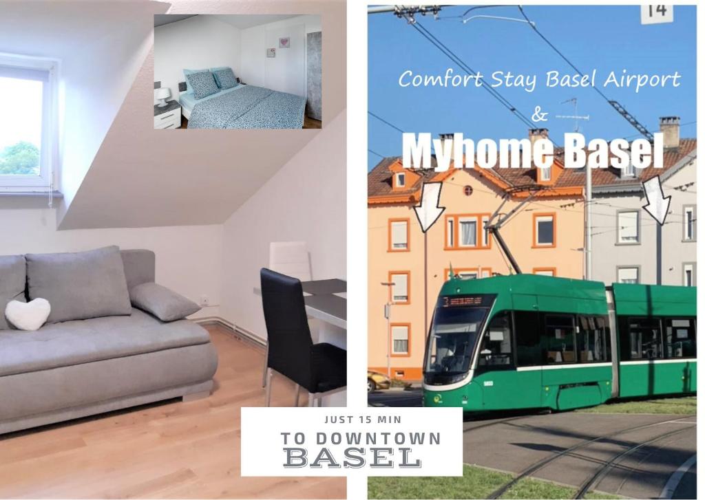 two pictures of a living room with a couch and a train at MyHome Basel 3B44 in Saint-Louis