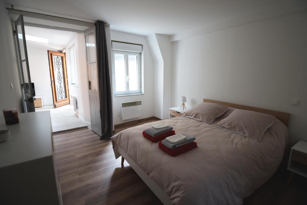 een slaapkamer met een bed met twee handdoeken erop bij Cosy appartement Hyper centre ville avec cour + Patio in Auxerre