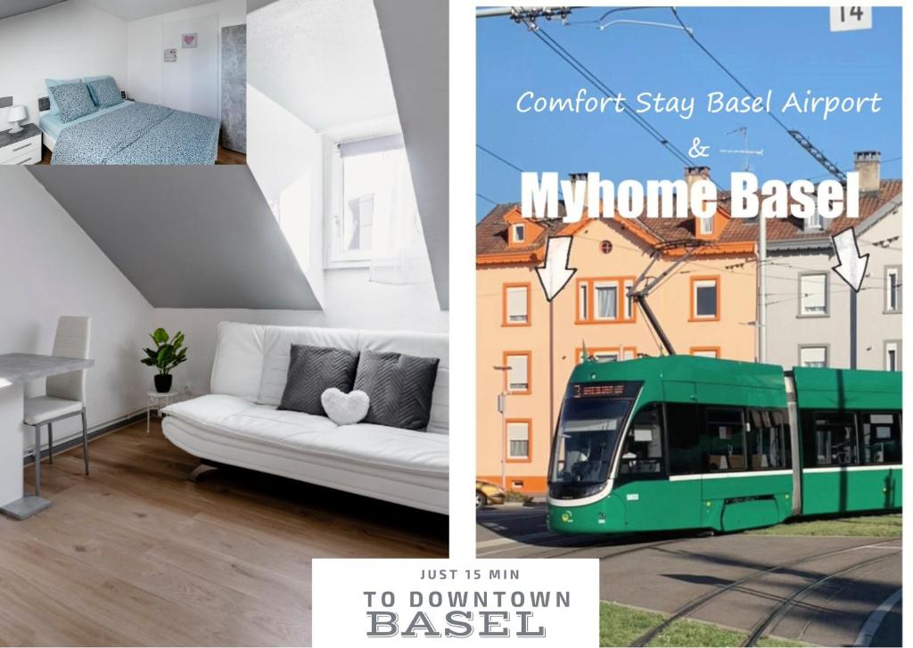 a collage of two pictures of a living room with a bus at Comfort Stay Basel Airport 3B46 in Saint-Louis
