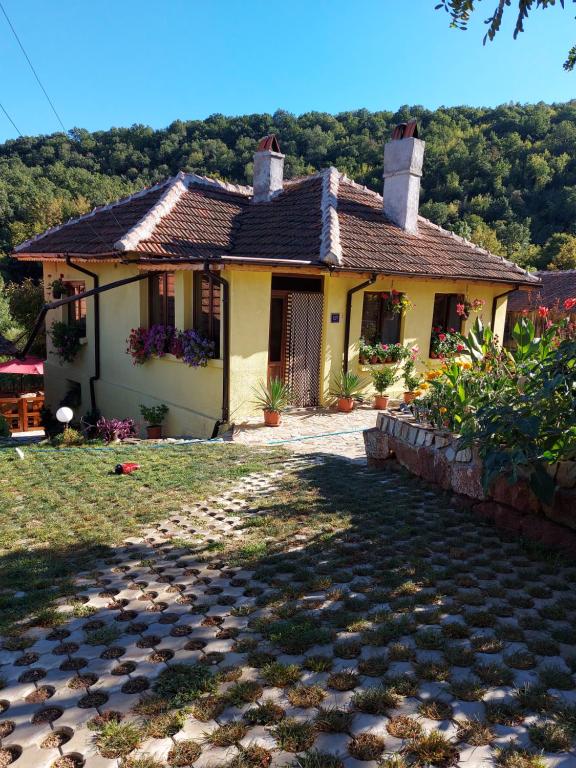 una piccola casa gialla con un vialetto in pietra di Guest House „Ivanovata house” a Yanʼovets