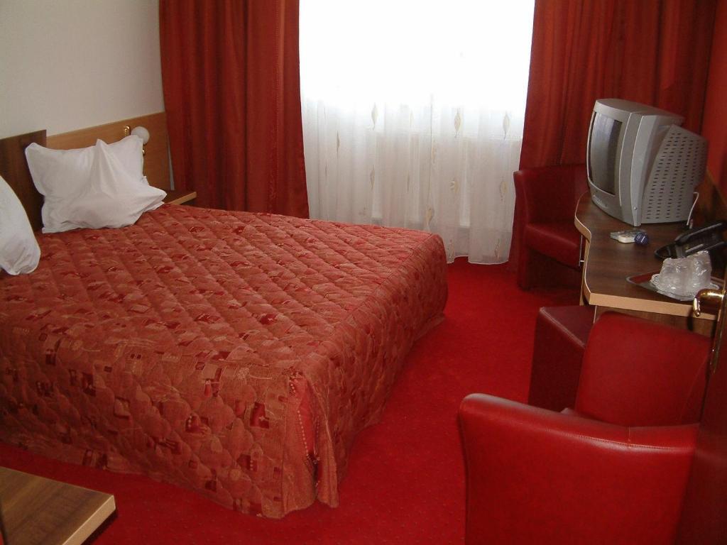 a hotel room with a bed and a tv at Hotel Sud in Giurgiu