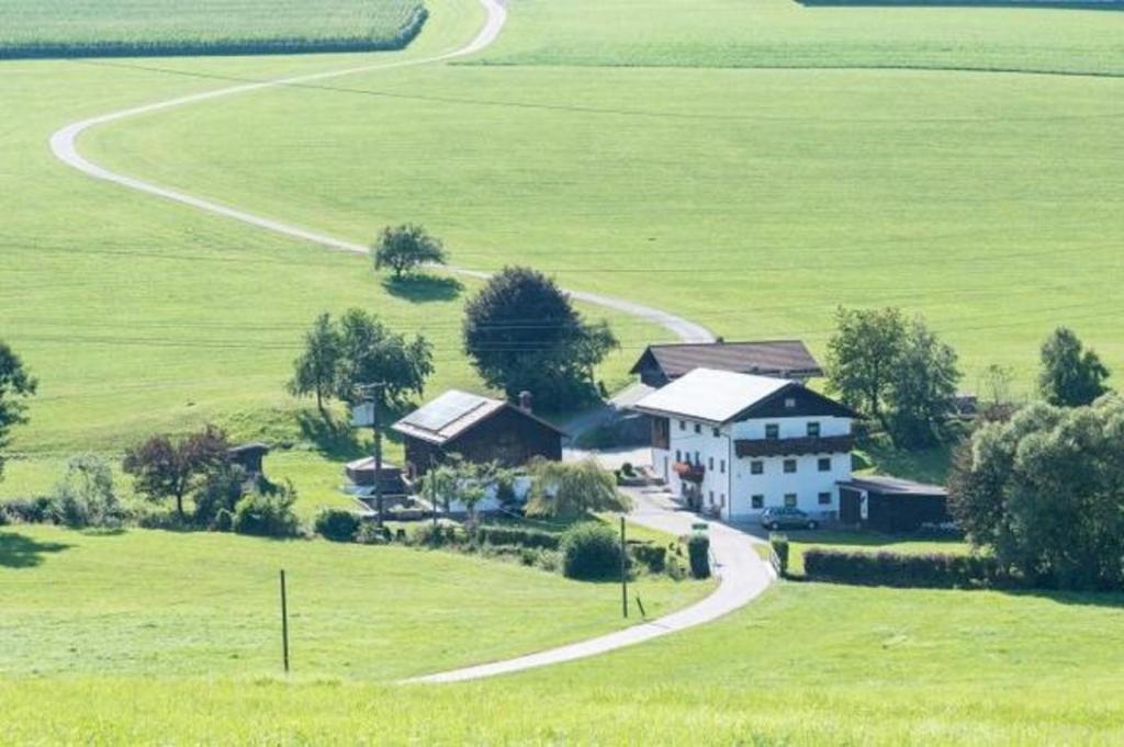 uma vista aérea de uma casa num campo verde em Ferienwohnungen Schweinberger Mühle em Kollnburg