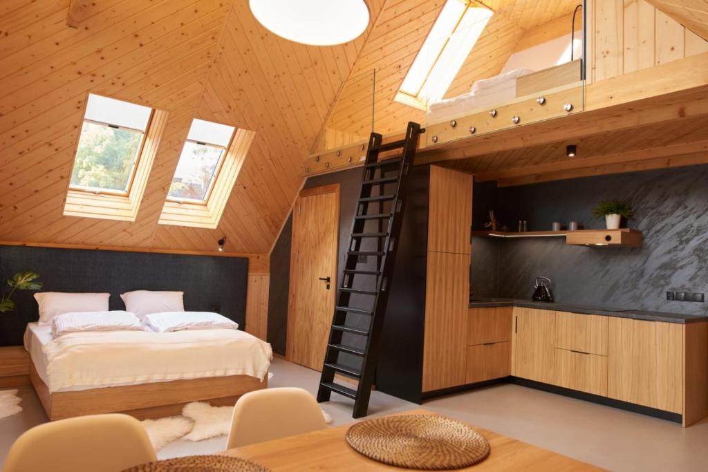 ein Schlafzimmer mit einem Etagenbett und einer Leiter in der Unterkunft Apartamenty u Bułecki in Zakopane