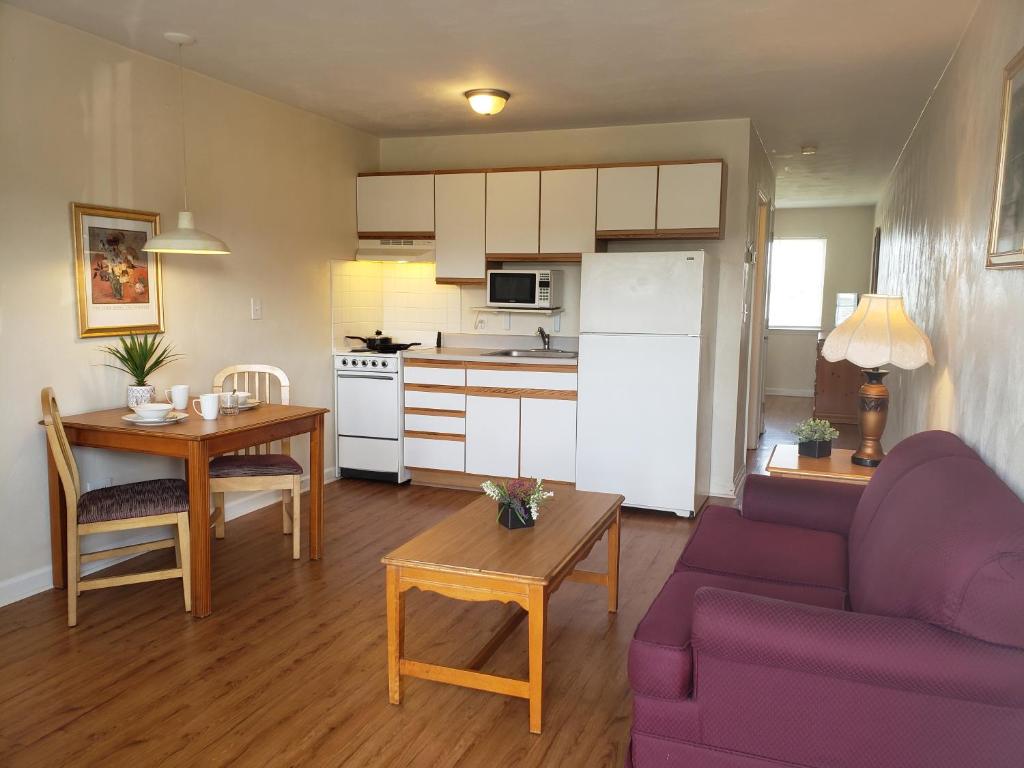 Affordable Suites Graham في Graham: غرفة معيشة مع أريكة أرجوانية ومطبخ