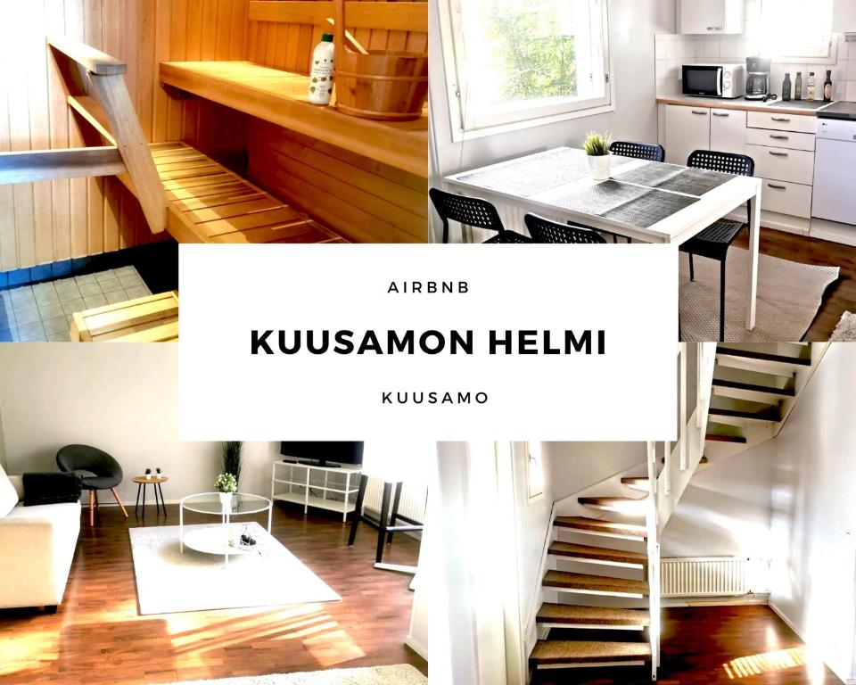 een keuken en een woonkamer met een trap bij Kuusamon Helmi, Sauna, Parveke, Terassi in Kuusamo