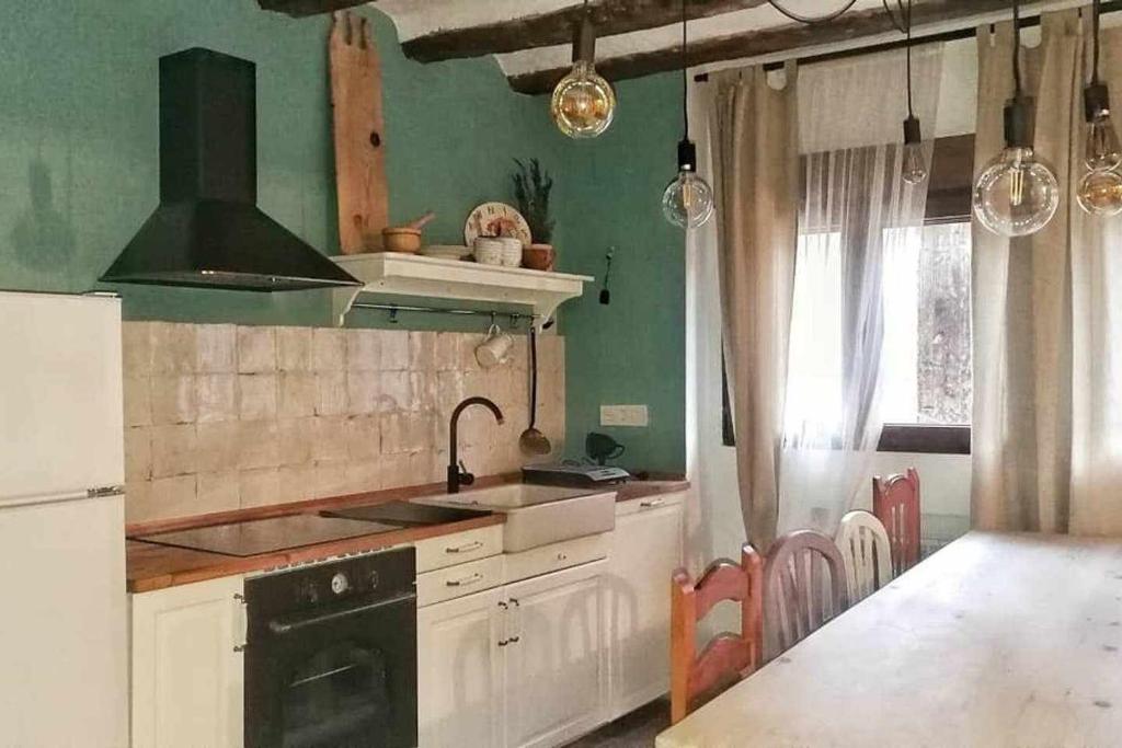 cocina con paredes verdes, fregadero y fogones en PERIQUiNA CASA RURAL CON ENCANTO, en Munébrega