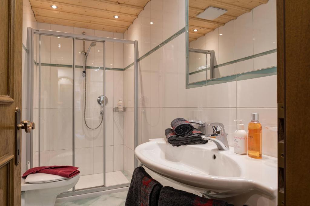 a bathroom with a shower and a sink and a toilet at Quality Hosts Arlberg - ALPtyrol Appartements in Sankt Anton am Arlberg