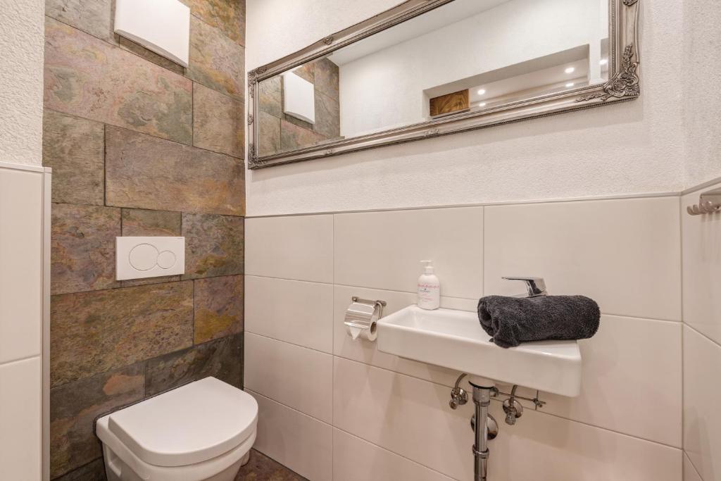 a bathroom with a toilet and a sink and a mirror at Quality Hosts Arlberg - ALPtyrol Appartements in Sankt Anton am Arlberg