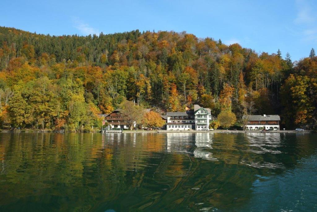 a group of houses on the shore of a lake at Hotel & Gasthof Fürberg in Sankt Gilgen