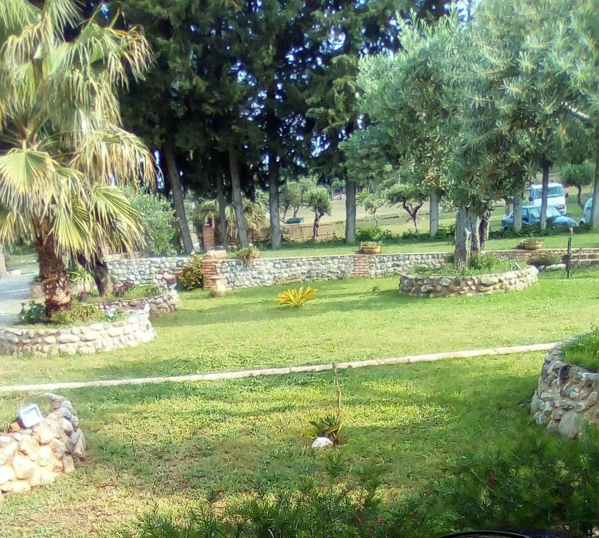 un parque con palmeras y una pared de piedra en Affittacamere Villa Brazzano, en Scalea