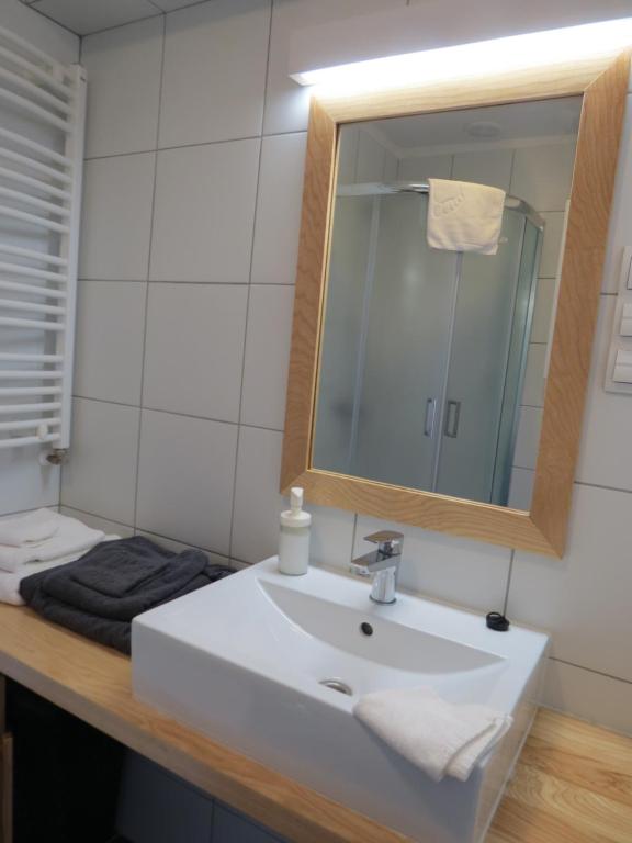 a bathroom with a white sink and a mirror at The Blue Beetroot in Bolesławiec