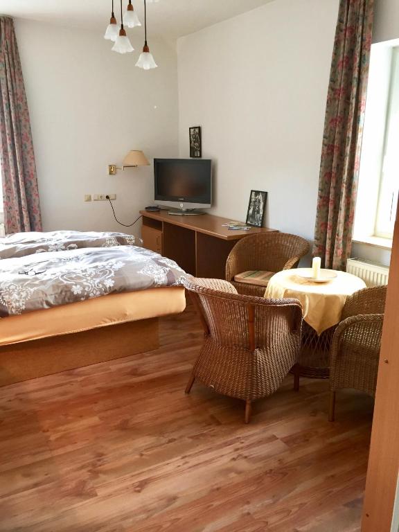 a bedroom with a bed and a desk and a tv at 28 qm Apartments am Rosengarten in Bad Elster