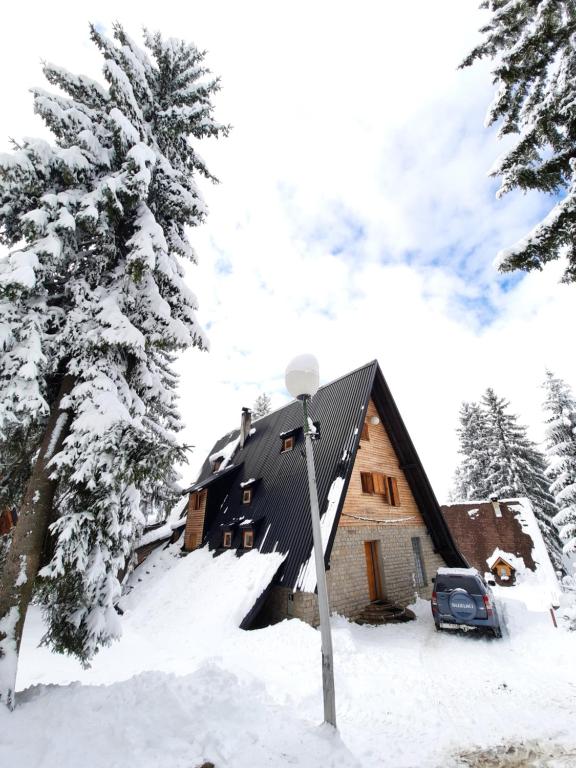 a house with a car parked in the snow at Apartments A Vlasic in Vlasic