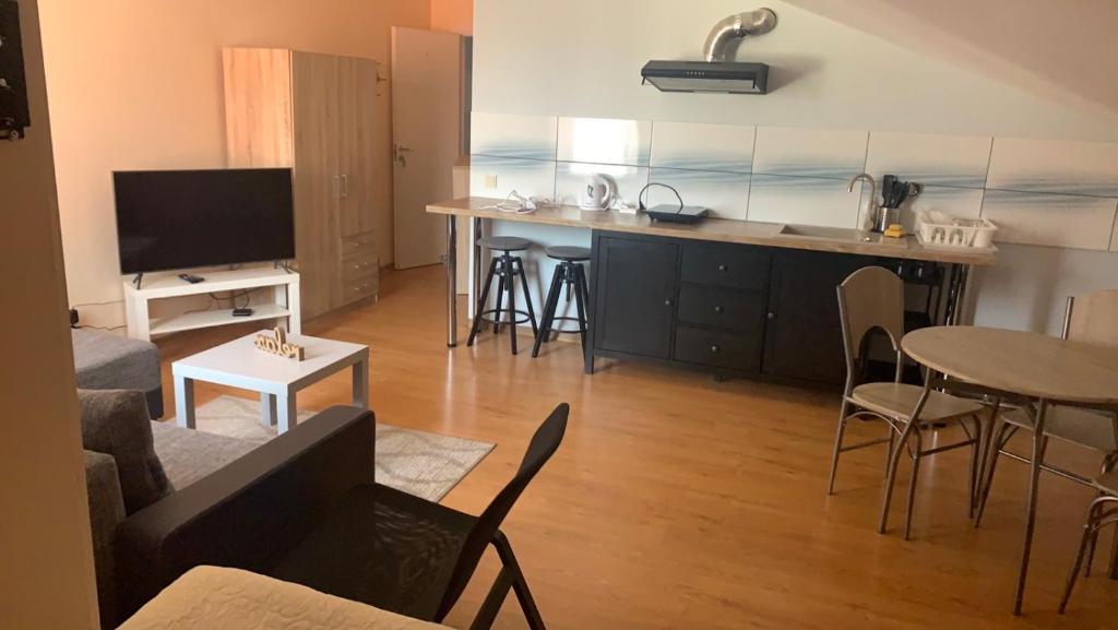 ein Wohnzimmer mit einer Küche und einem Tisch mit Stühlen in der Unterkunft Perlos apartamentai 13 butas in Birštonas