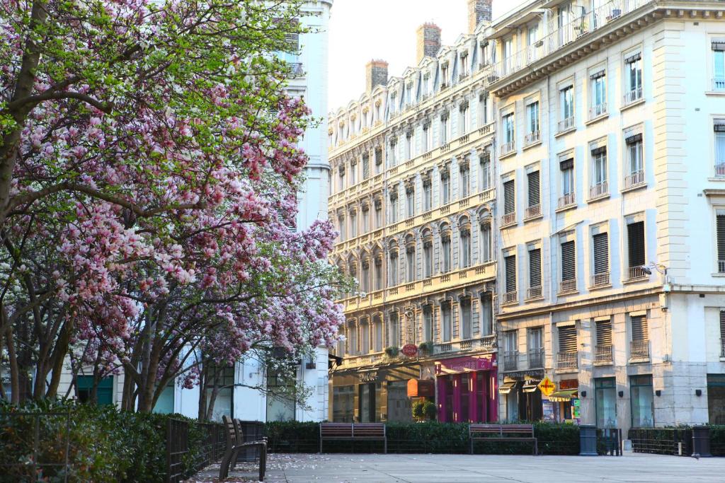 a city street with buildings and trees with pink flowers at Hotel des Celestins in Lyon