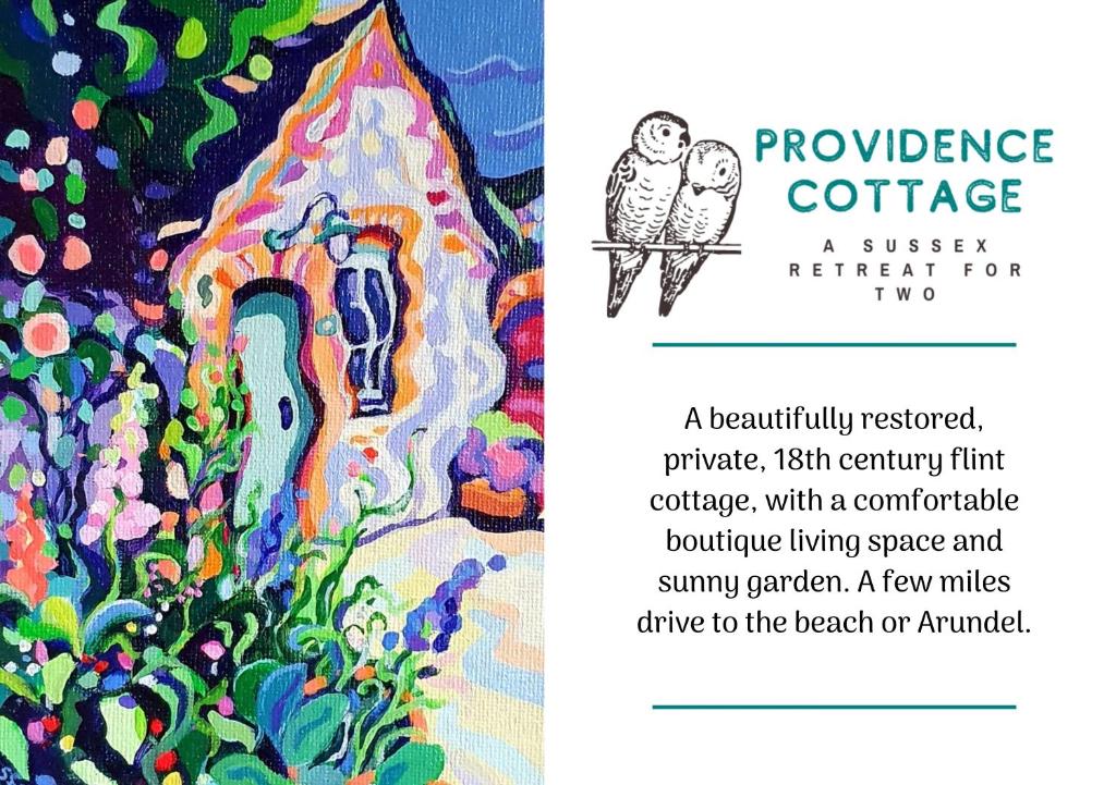 eine Buchbedeckung mit einer Illustration von zwei Eulen in der Unterkunft Providence Cottage a Sussex boutique retreat for two in Angmering