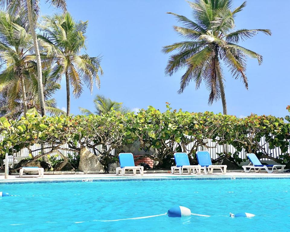 a swimming pool with blue chairs and palm trees at KASA El Sol by the Sea with Pool and Parking in San Juan