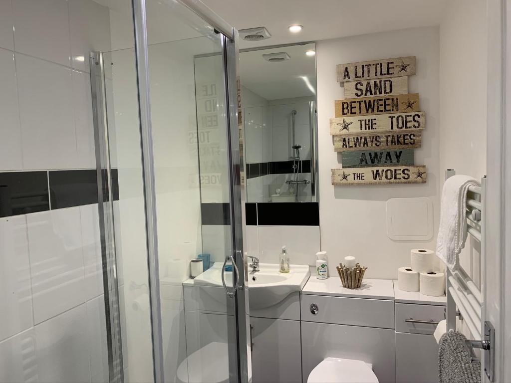 een badkamer met een douche, een wastafel en een toilet bij Salty Toes in Paignton